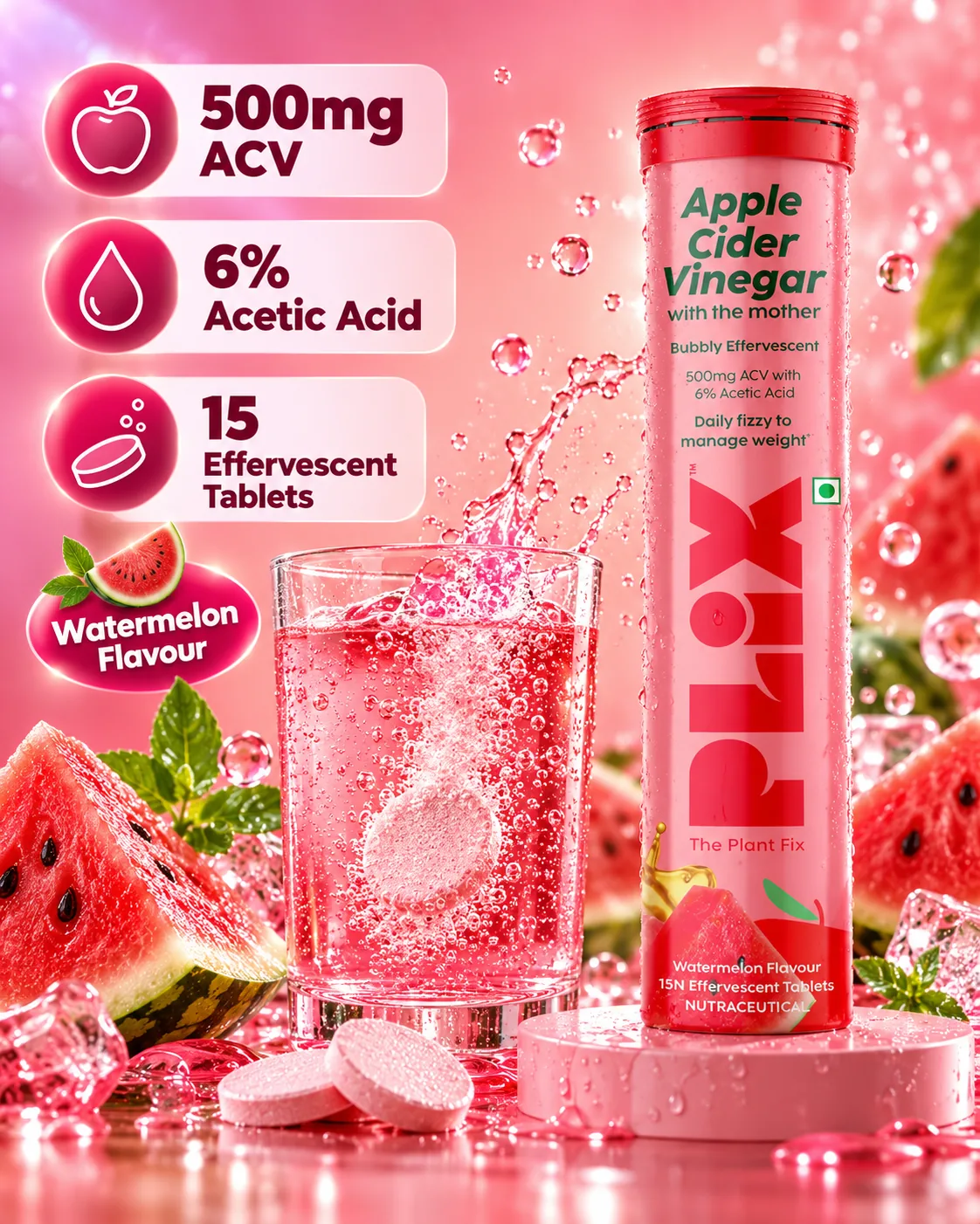 Apple cider vinegar effervescent tablets feature infographic showing 500mg ACV, 6% acetic acid and 15 tablets