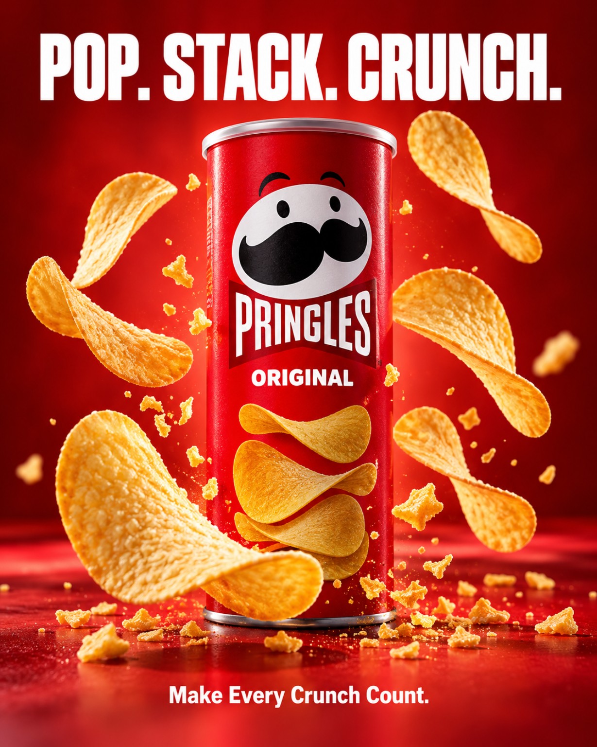 Pringles Original product advertisement poster with POP. STACK. CRUNCH. headline and golden potato crisps